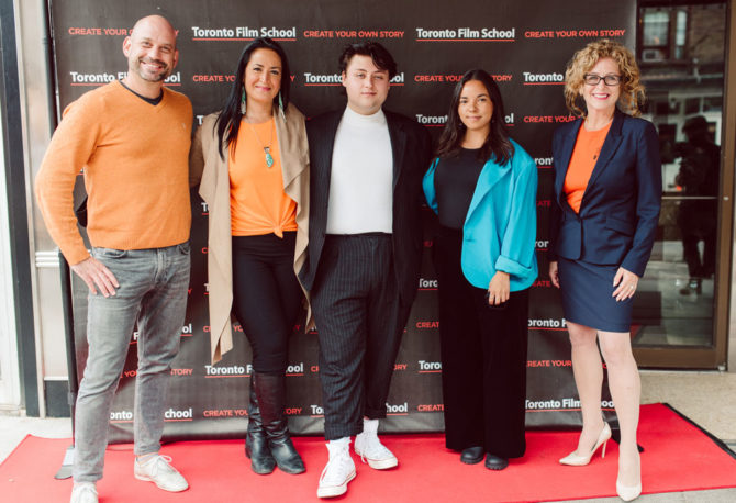 The cast of Little Bird on the red carpet with Andrew Barnsley and Julia Christensen Hughes 