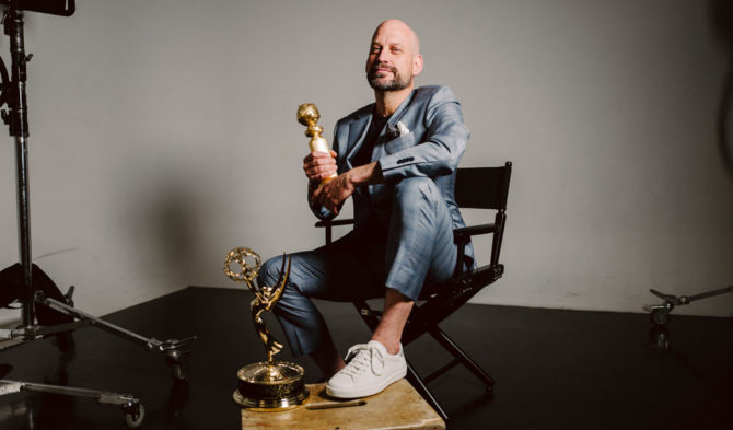 Toronto Film School's president Andrew Barnsley with Emmy and Golden Globe Award trophies